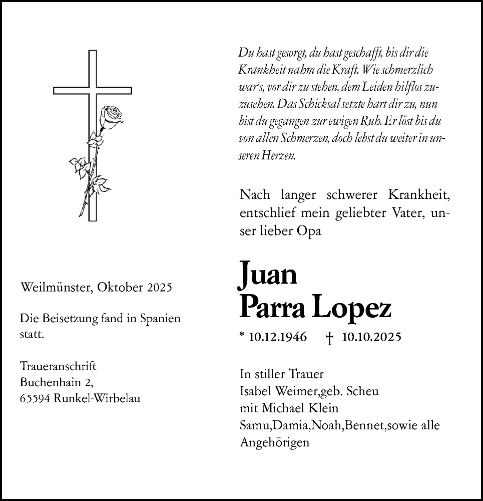  Traueranzeige für Juan Parra Lopez vom 11.12.2025 aus Weilburger Tageblatt