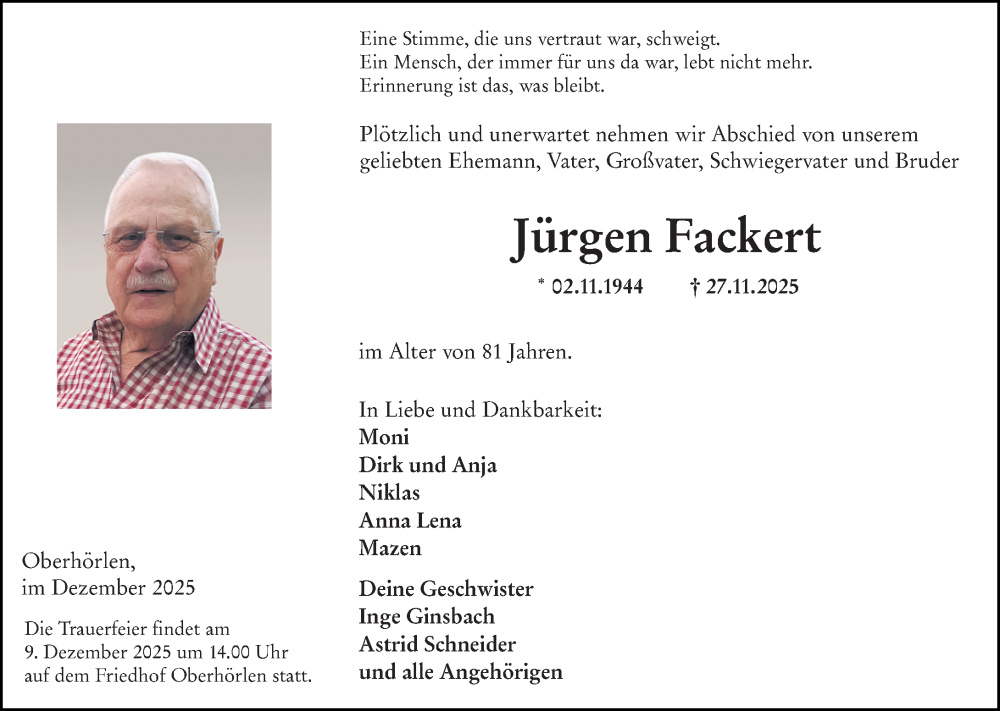  Traueranzeige für Jürgen Fackert vom 06.12.2025 aus Hinterländer Anzeiger