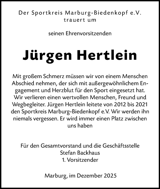 Traueranzeige von Jürgen Hertlein von Hinterländer Anzeiger