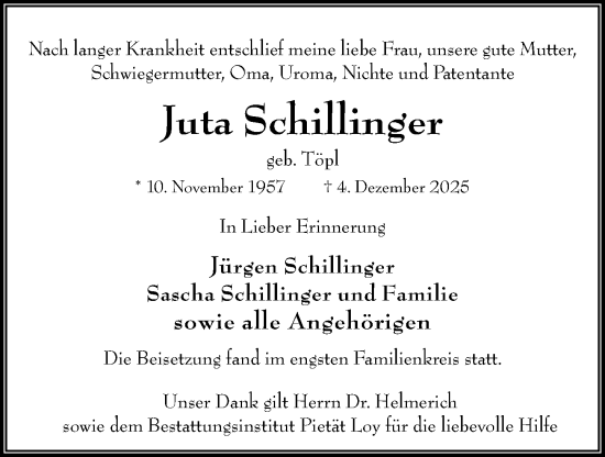 Traueranzeige von Juta Schillinger von Wiesbadener Kurier