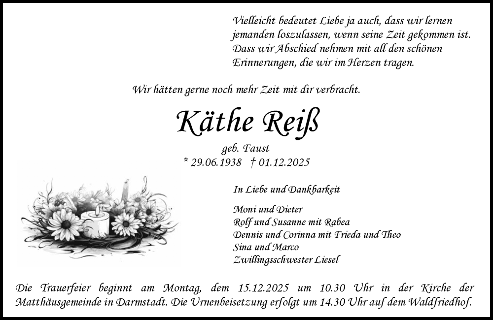  Traueranzeige für Käthe Reiß vom 06.12.2025 aus Groß-Gerauer Echo