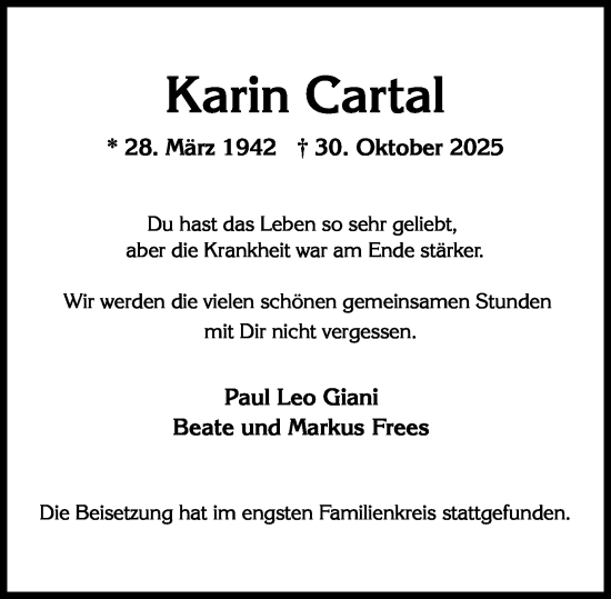 Traueranzeige von Karin Cartal von Wiesbadener Kurier