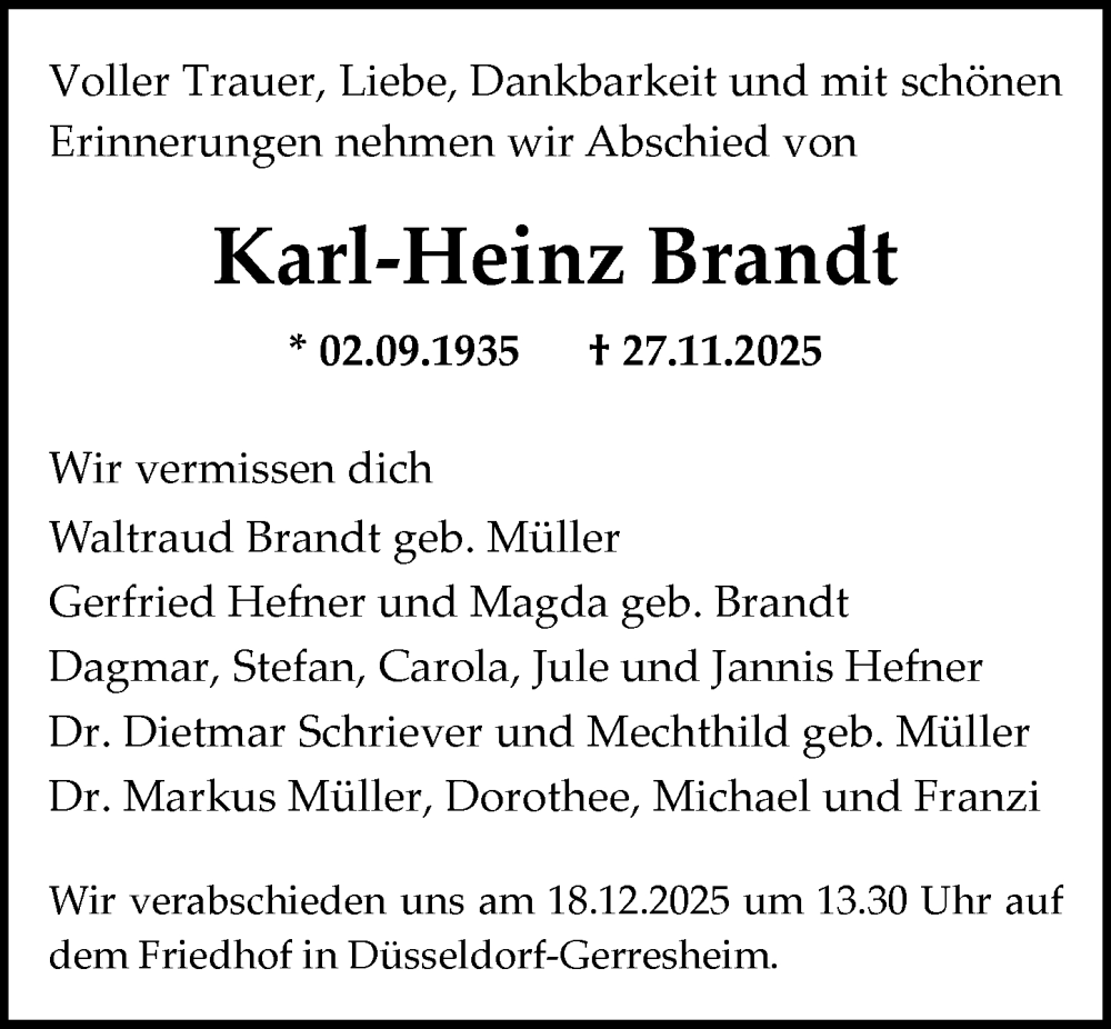  Traueranzeige für Karl-Heinz Brandt vom 13.12.2025 aus Allgemeine Zeitung Mainz