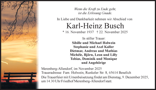 Traueranzeige von Karl-Heinz Busch von Weilburger Tageblatt