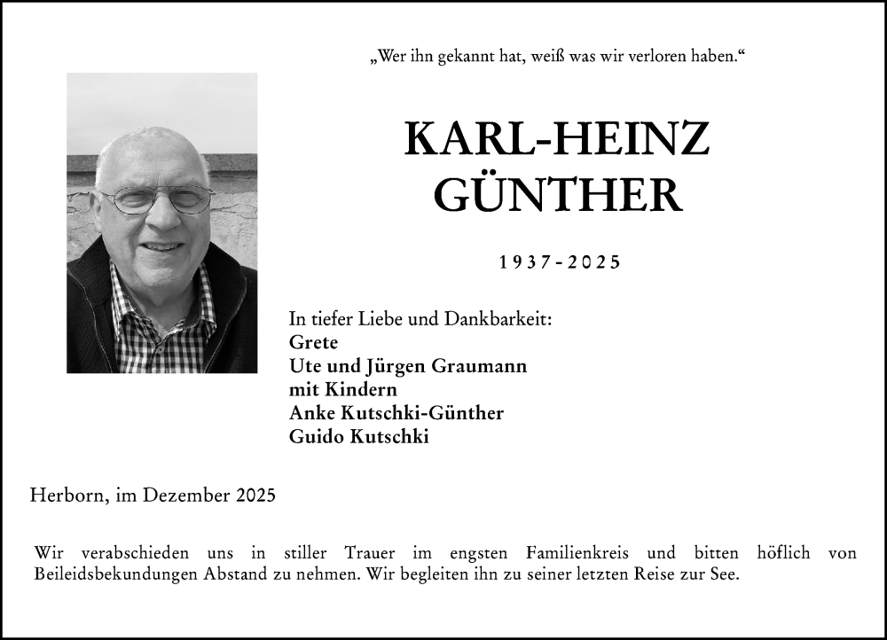  Traueranzeige für Karl-Heinz Günther vom 27.12.2025 aus Dill Block