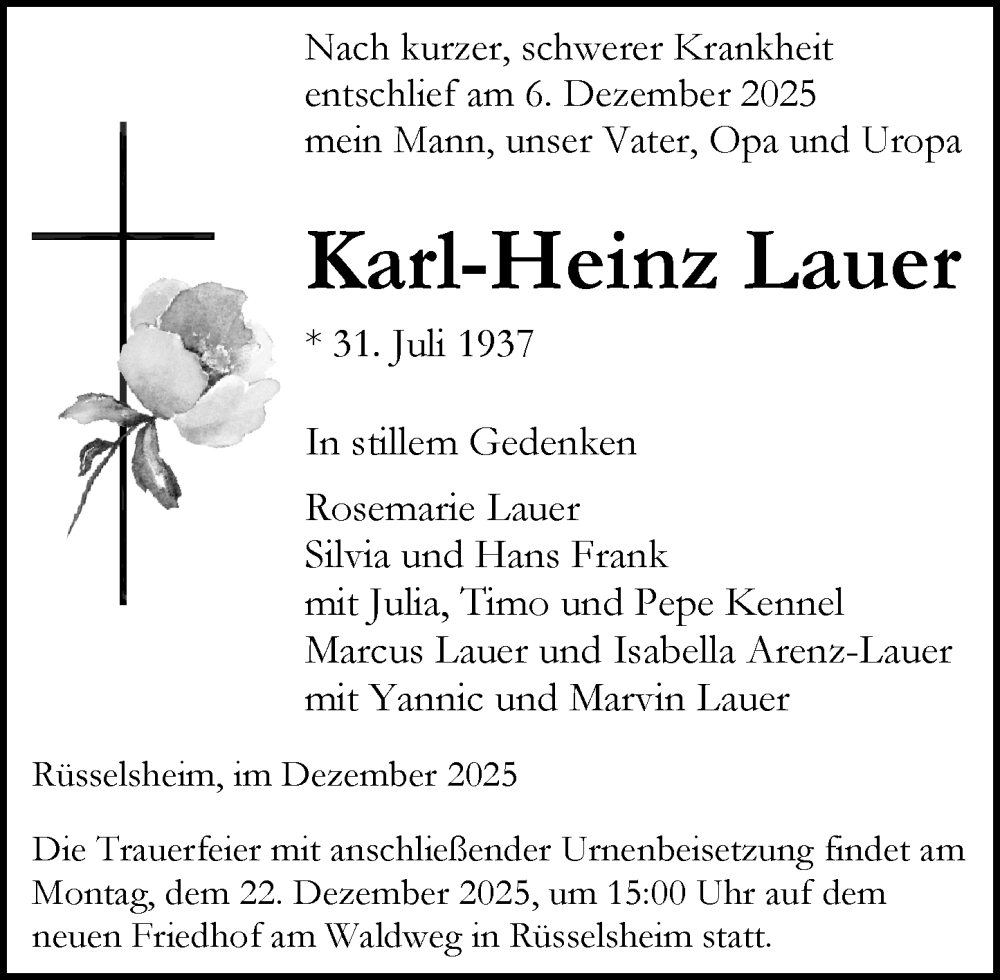  Traueranzeige für Karl-Heinz Lauer vom 13.12.2025 aus Rüsselsheimer Echo