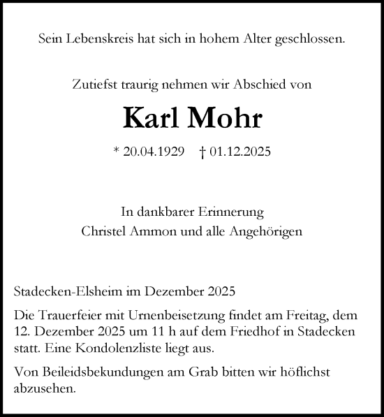 Traueranzeige von Karl Mohr von Allgemeine Zeitung Mainz