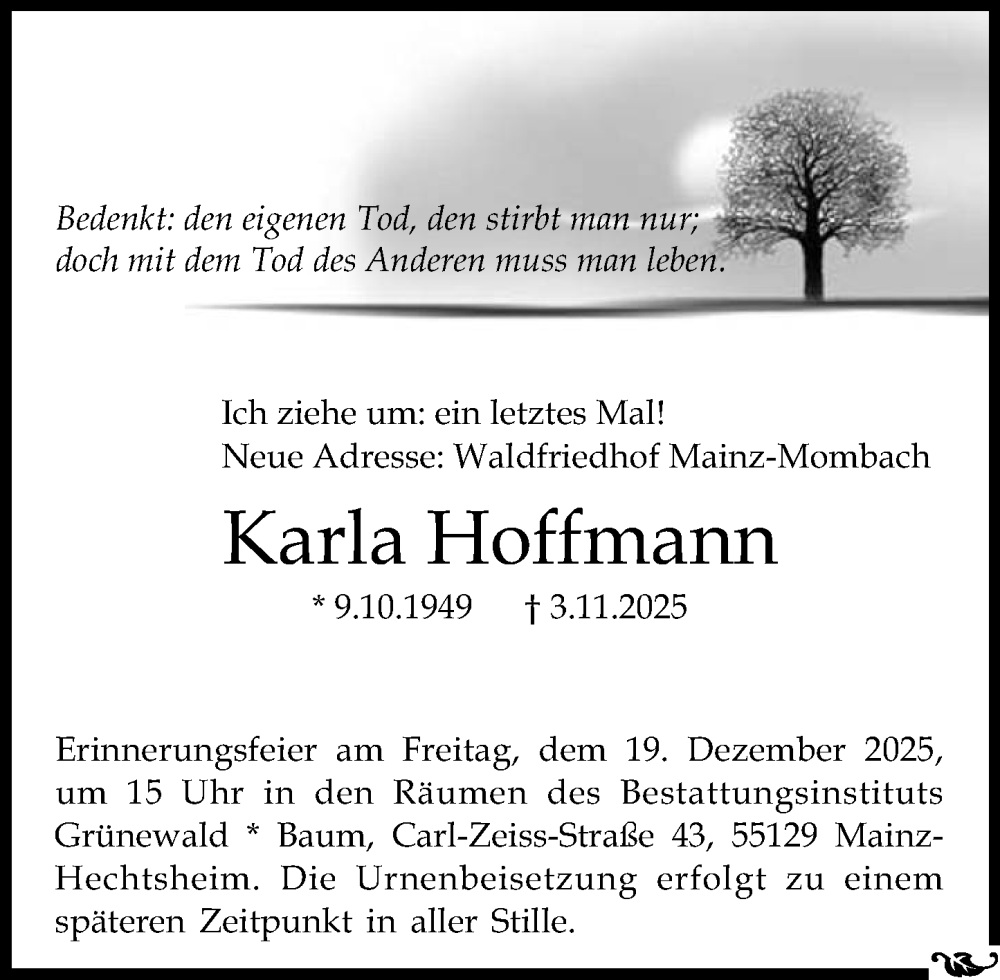  Traueranzeige für Karla Hoffmann vom 06.12.2025 aus Allgemeine Zeitung Mainz