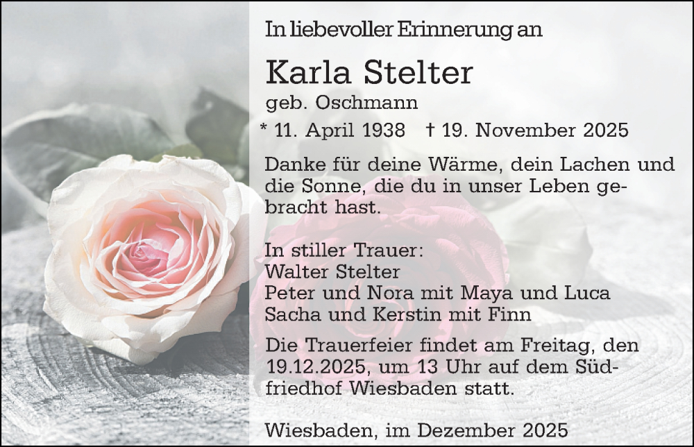  Traueranzeige für Karla Stelter vom 13.12.2025 aus Wiesbadener Kurier