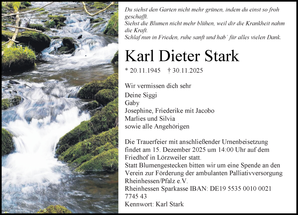  Traueranzeige für Karl Dieter Stark vom 13.12.2025 aus Allgemeine Zeitung Mainz