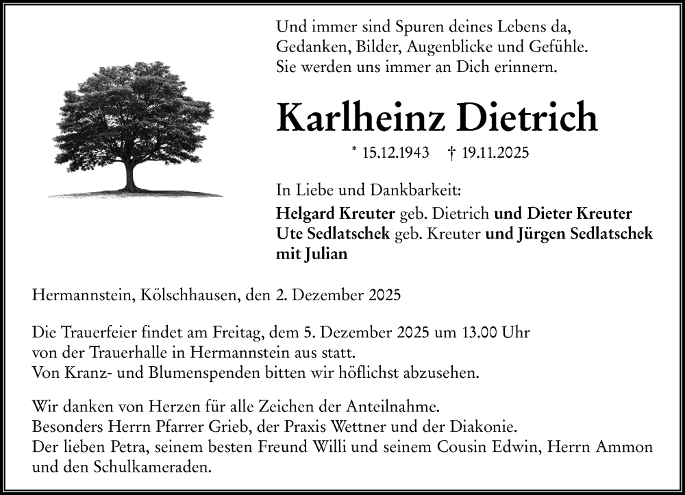  Traueranzeige für Karlheinz Dietrich vom 02.12.2025 aus Wetzlarer Neue Zeitung