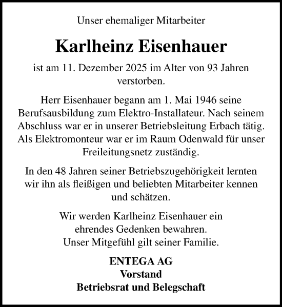 Traueranzeige von Karlheinz Eisenhauer von Odenwälder Echo