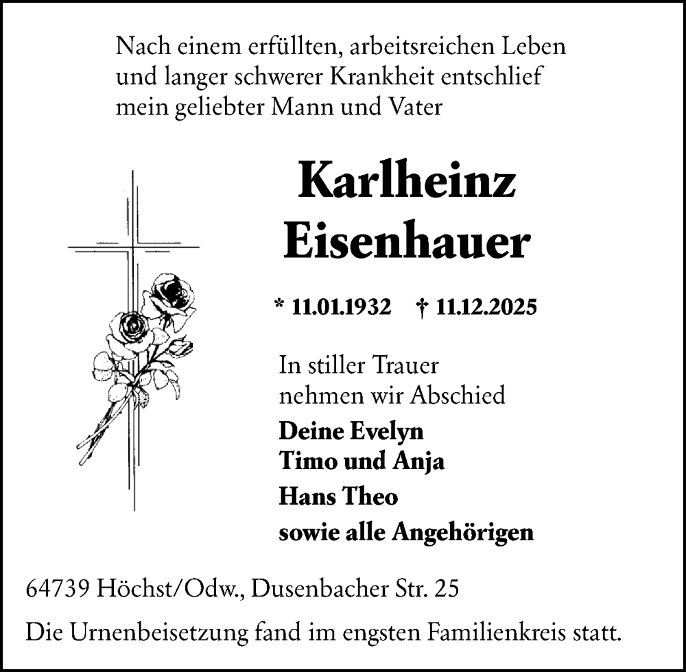  Traueranzeige für Karlheinz Eisenhauer vom 20.12.2025 aus Odenwälder Echo