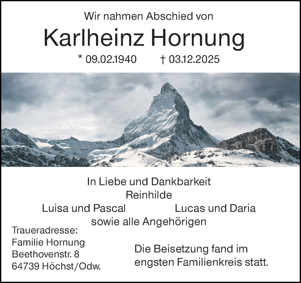  Traueranzeige für Karlheinz Hornung vom 13.12.2025 aus Odenwälder Echo