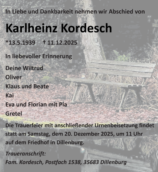 Traueranzeige von Karlheinz Kordesch von Dill Block