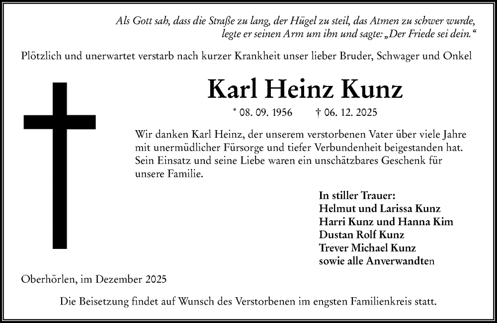  Traueranzeige für Karl Heinz Kunz vom 11.12.2025 aus Hinterländer Anzeiger