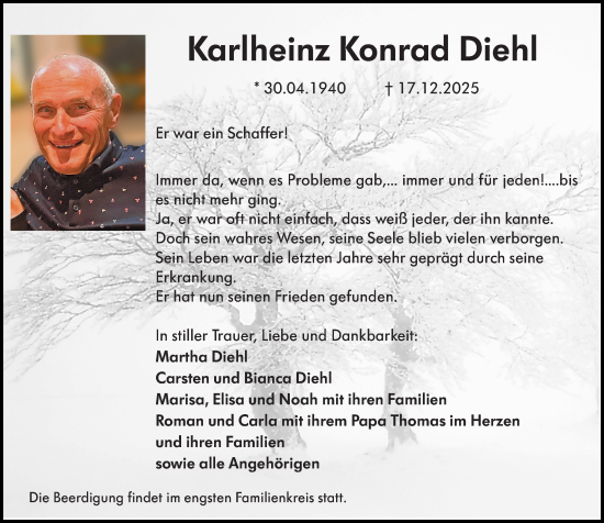 Traueranzeige von Karlheinz Konrad Diehl von Allgemeine Zeitung Rheinhessen-Nahe