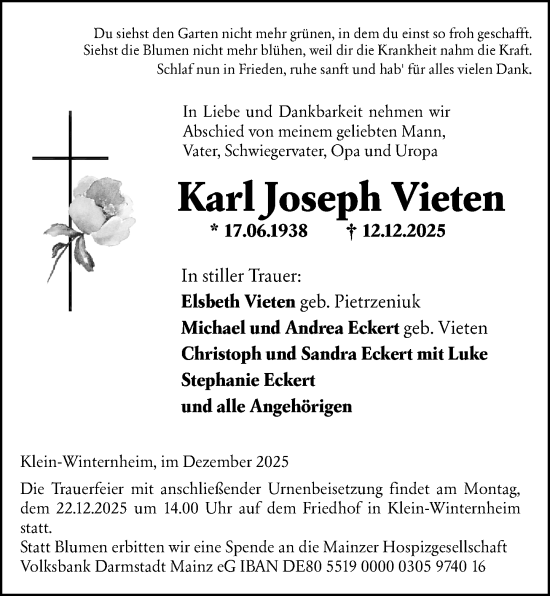 Traueranzeige von Karl Joseph Vieten von Allgemeine Zeitung Mainz