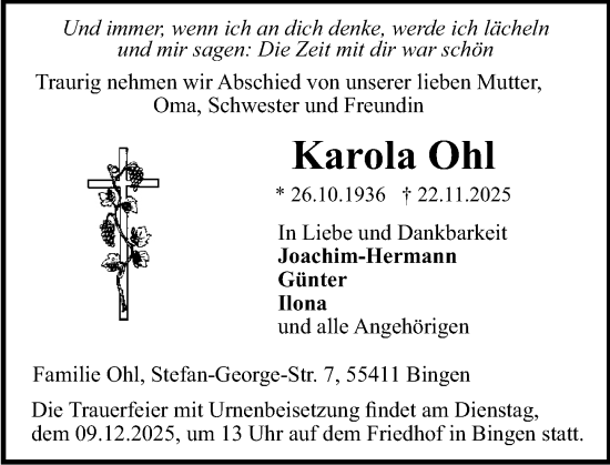 Traueranzeige von Karola Ohl von Binger-/Ingelheimer Wochenblatt