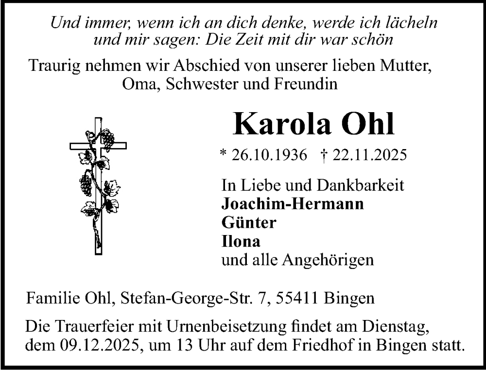  Traueranzeige für Karola Ohl vom 06.12.2025 aus Binger-/Ingelheimer Wochenblatt