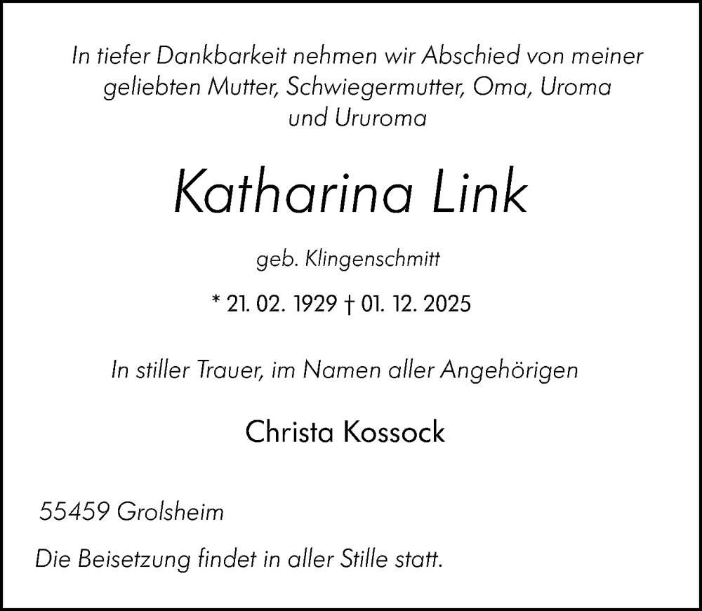  Traueranzeige für Katharina Link vom 13.12.2025 aus Binger-/Ingelheimer Wochenblatt