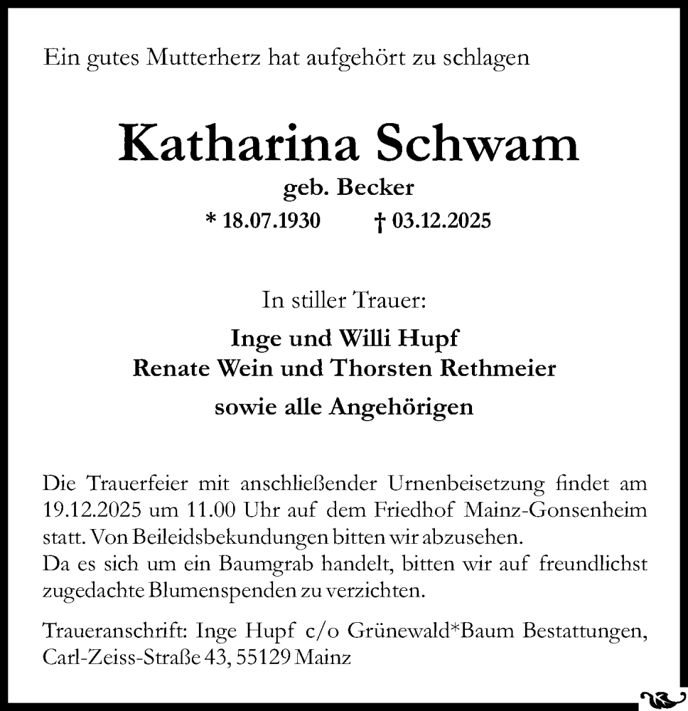  Traueranzeige für Katharina Schwam vom 13.12.2025 aus Allgemeine Zeitung Mainz
