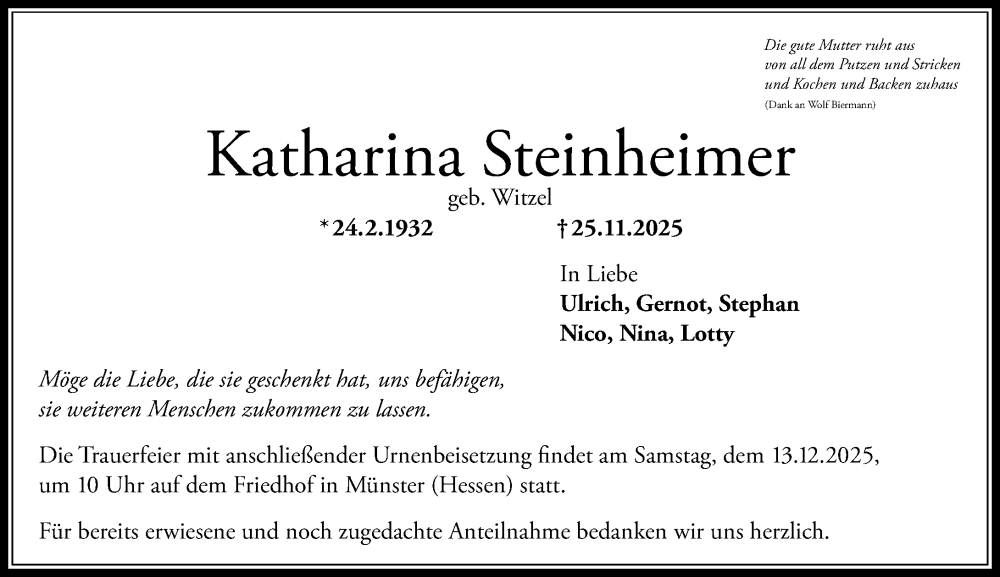  Traueranzeige für Katharina Steinheimer vom 06.12.2025 aus Darmstädter Echo