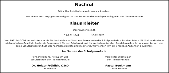 Traueranzeige von Klaus Kleiter von Nassauische Neue Presse