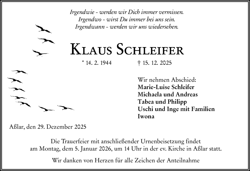  Traueranzeige für Klaus Schleifer vom 29.12.2025 aus Wetzlarer Neue Zeitung