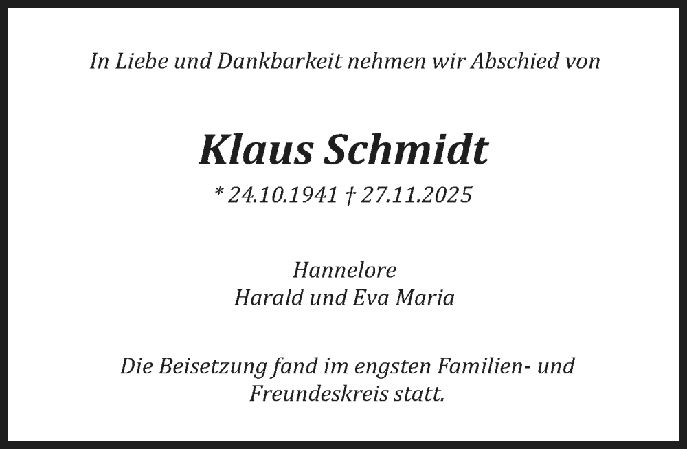  Traueranzeige für Klaus Schmidt vom 20.12.2025 aus Darmstädter Echo