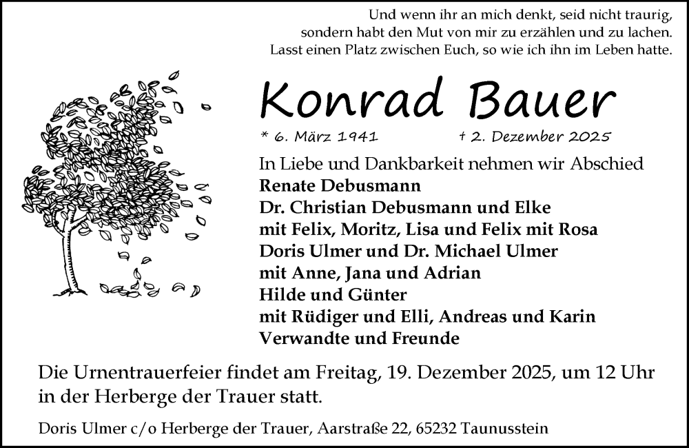  Traueranzeige für Konrad Bauer vom 06.12.2025 aus Idsteiner Land/Untertaunus