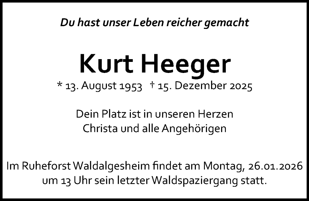  Traueranzeige für Kurt Heeger vom 27.12.2025 aus Allgemeine Zeitung Mainz
