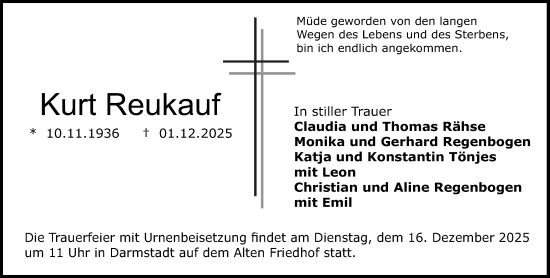 Traueranzeige von Kurt Reukauf von Darmstädter Echo