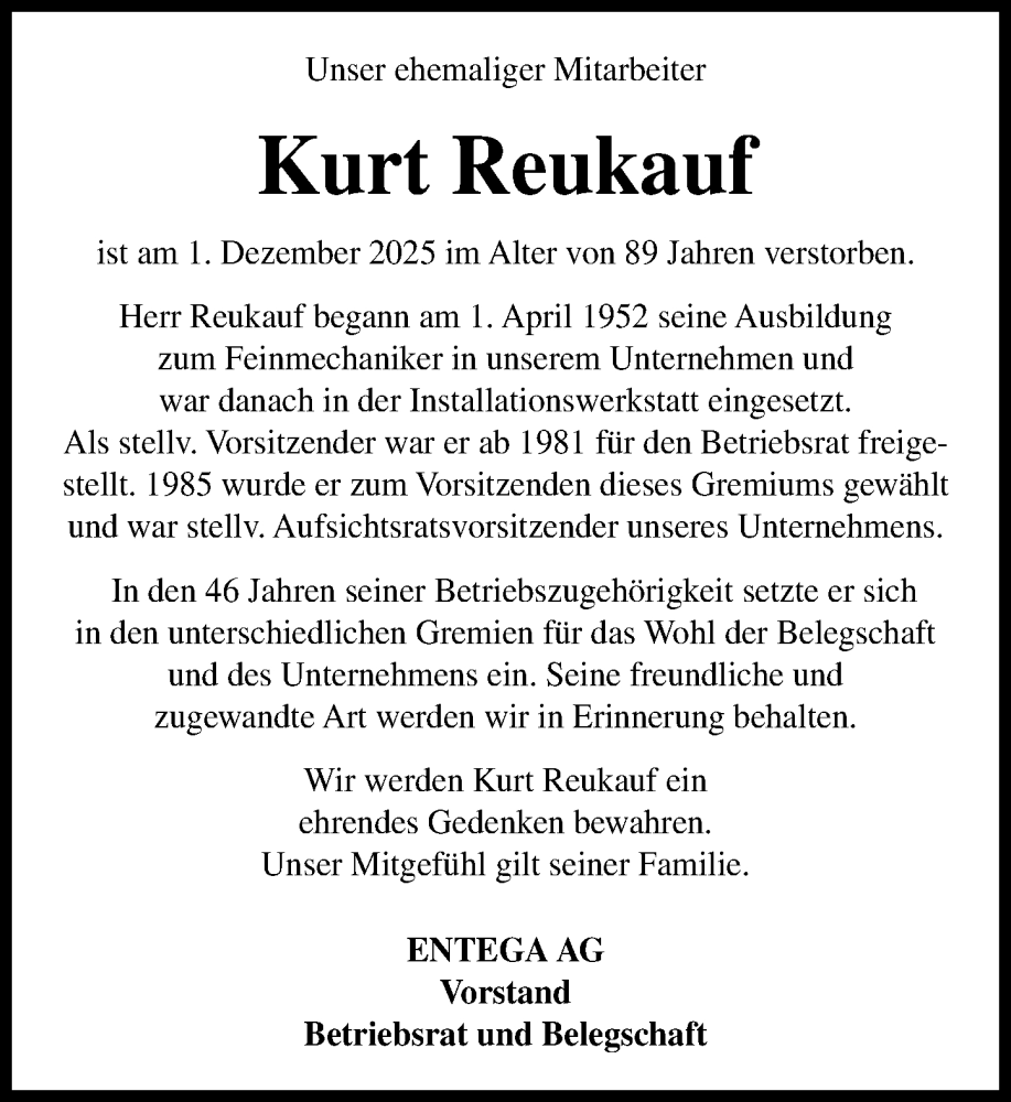  Traueranzeige für Kurt Reukauf vom 13.12.2025 aus Odenwälder Echo