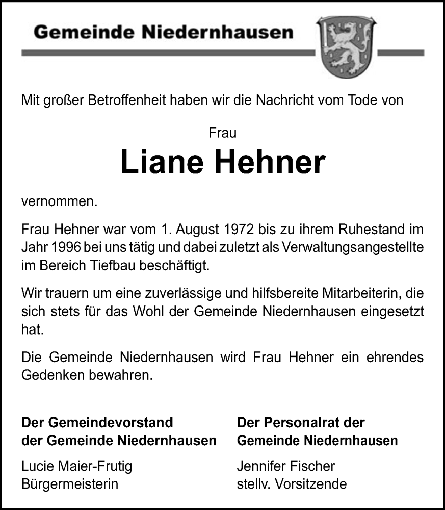  Traueranzeige für Liane Hehner vom 06.12.2025 aus Idsteiner Land/Untertaunus