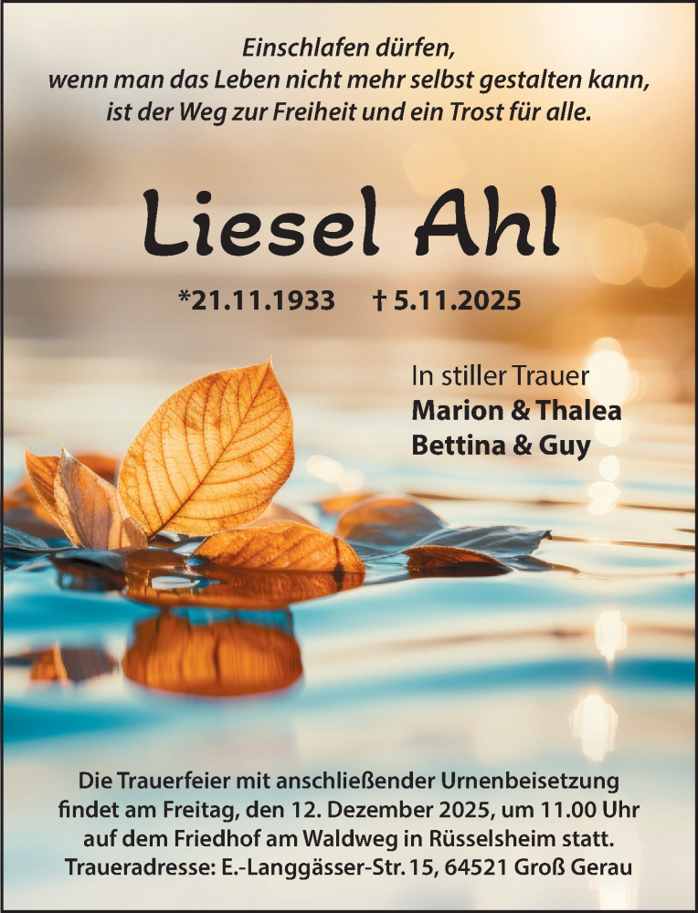  Traueranzeige für Liesel Ahl vom 06.12.2025 aus Rüsselsheimer Echo