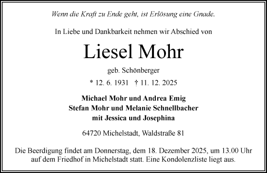Traueranzeige von Liesel Mohr von Odenwälder Echo