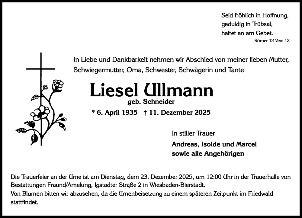 Traueranzeige für Liesel Ullmann vom 20.12.2025 aus Wiesbadener Kurier