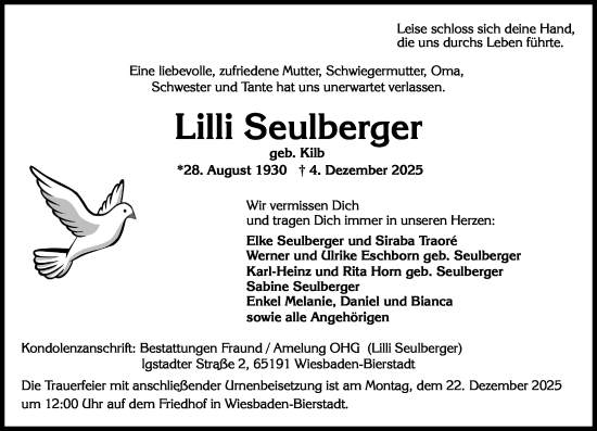 Traueranzeige von Lilli Seulberger von Wiesbadener Kurier