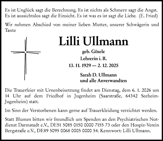Traueranzeige von Lilli Ullmann von Darmstädter Echo