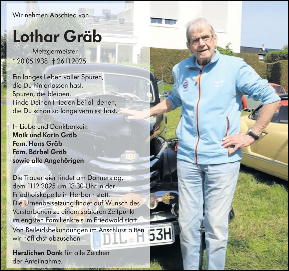  Traueranzeige für Lothar Gräb vom 05.12.2025 aus Dill Block