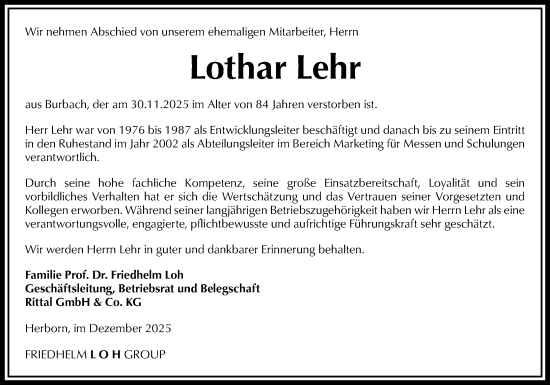 Traueranzeige von Lothar Lehr von Dill Block