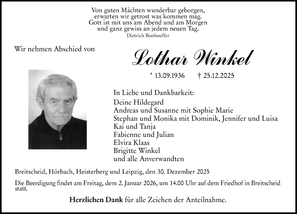  Traueranzeige für Lothar Winkel vom 30.12.2025 aus Dill Block