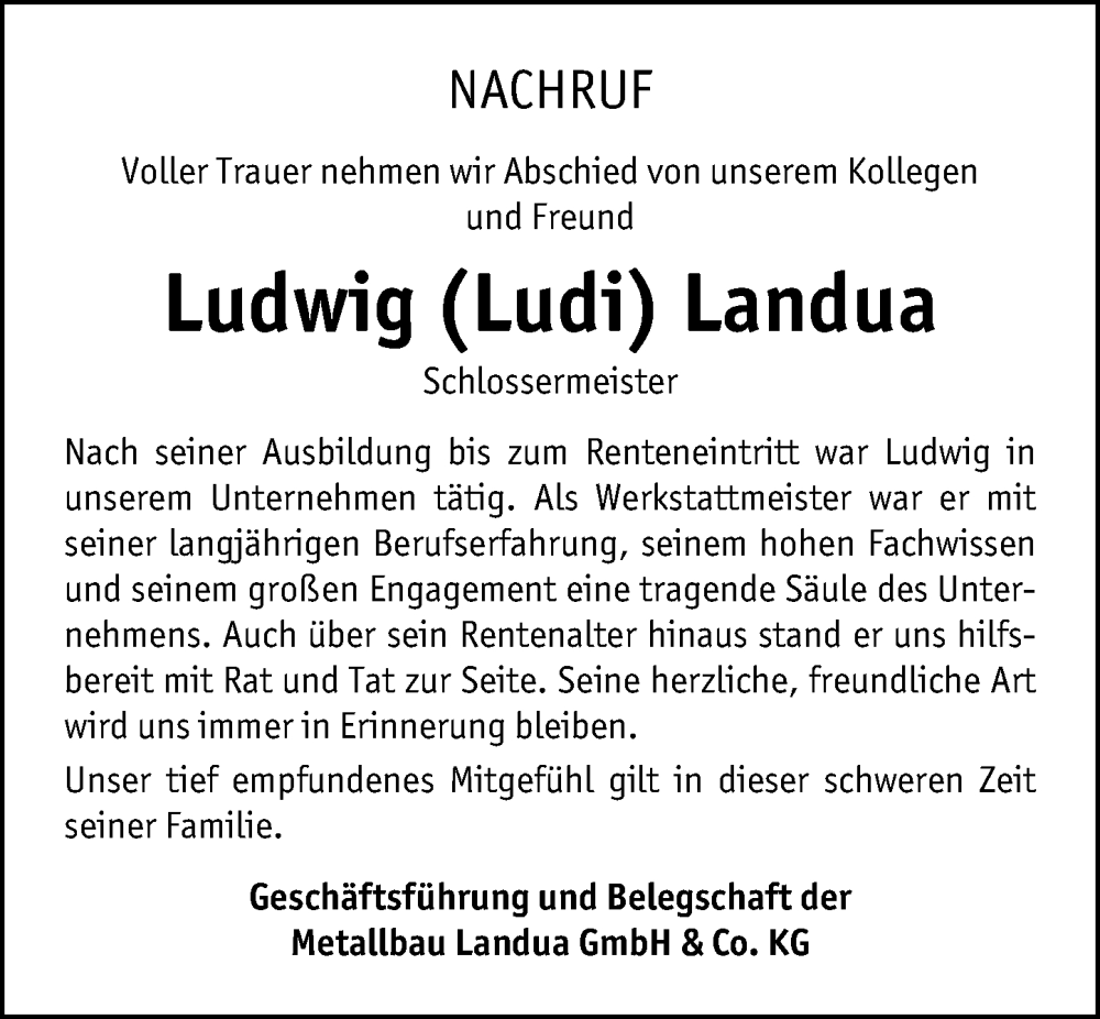  Traueranzeige für Ludwig Landua vom 02.12.2025 aus Allgemeine Zeitung Mainz
