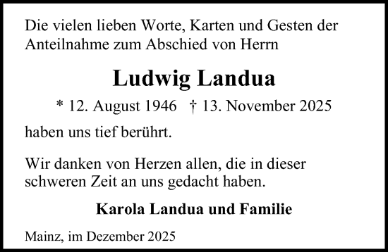 Traueranzeige von Ludwig Landua von Allgemeine Zeitung Mainz