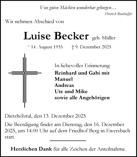 Traueranzeige von Luise Becker von Dill Block