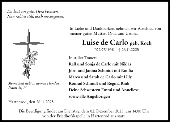 Traueranzeige von Luise de Carlo von Hinterländer Anzeiger