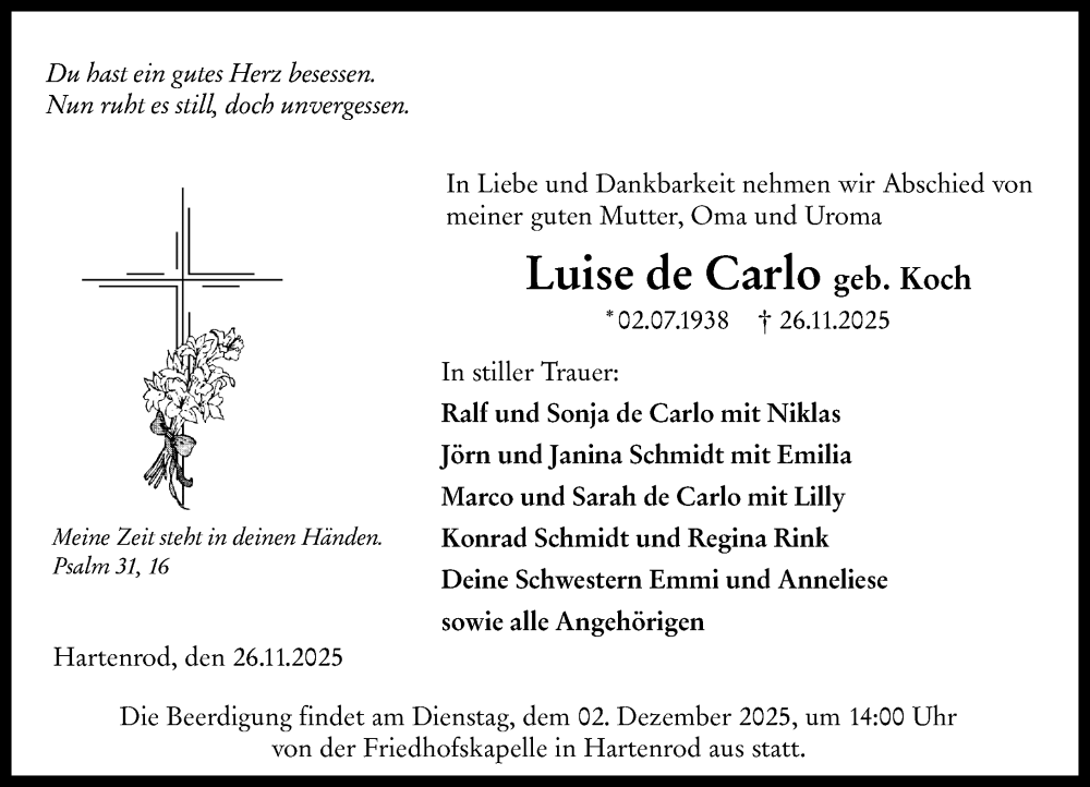  Traueranzeige für Luise de Carlo vom 01.12.2025 aus Hinterländer Anzeiger