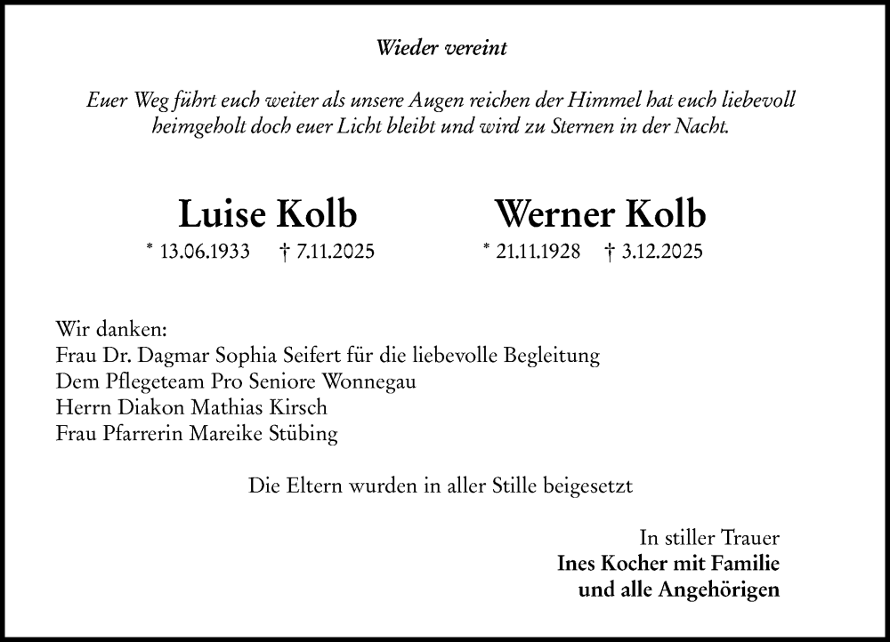  Traueranzeige für Luise Kolb vom 20.12.2025 aus Wormser Zeitung