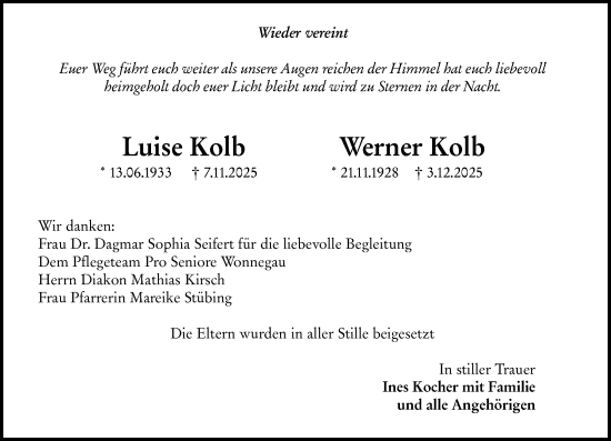 Traueranzeige von Luise Kolb von Wormser Zeitung